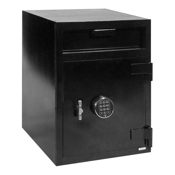 A black Cennox mail box drop safe with a key lock.