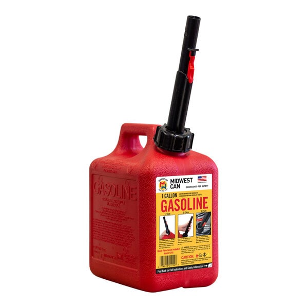 A red plastic Midwest Can gas safety can with a black handle.