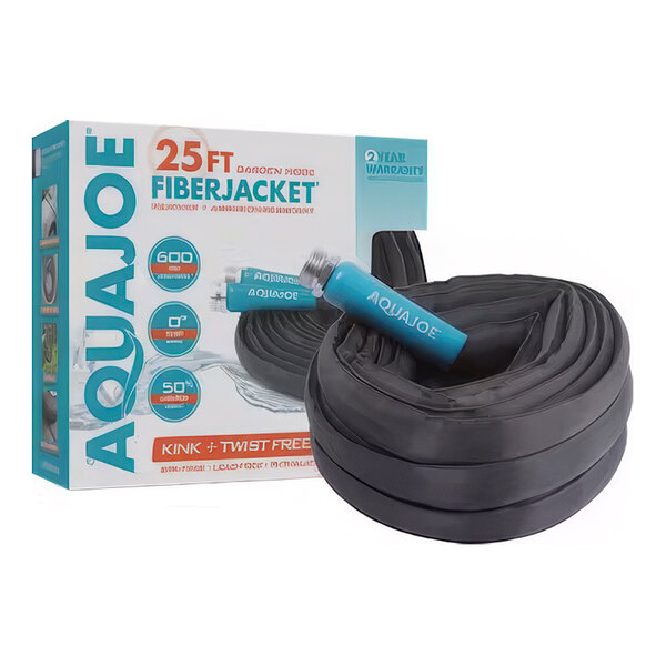 A black Aqua Joe garden hose with metal fittings and a blue Fiberjacket.