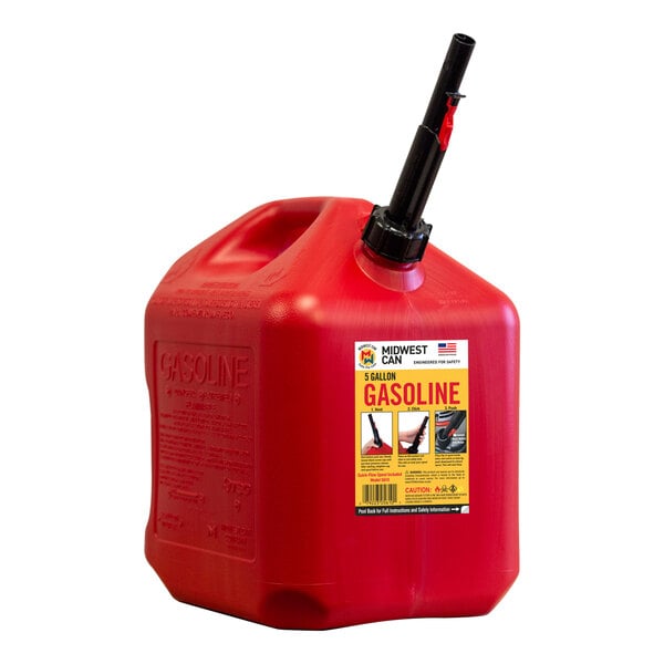 A red plastic Midwest Can Safe-Flo gas canister with a black handle.