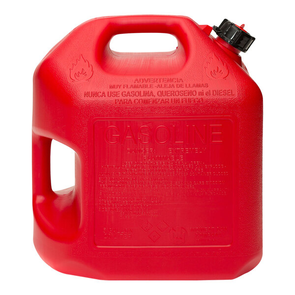 A red plastic Midwest Can Safe-Flo gas can with a black handle and spout.