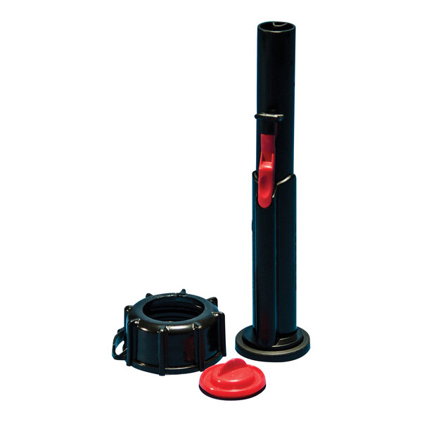 A black and red plastic spout with a red cap.
