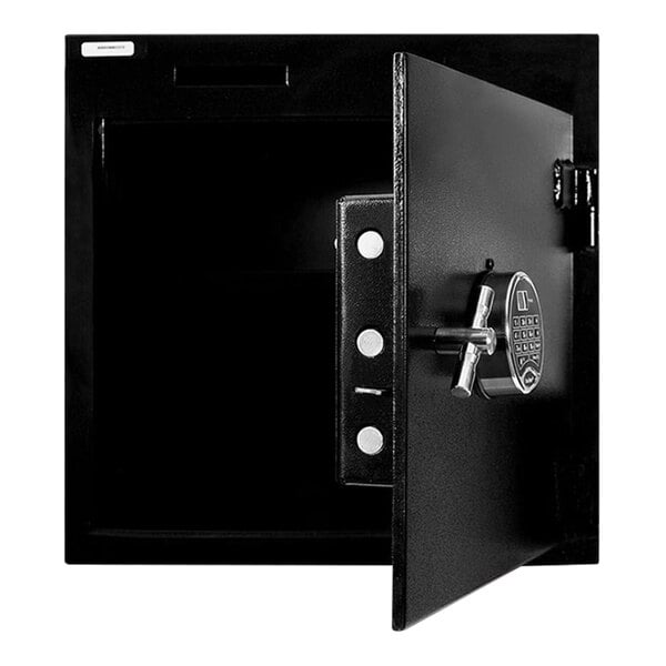 A black Cennox deposit slot safe with a key lock.