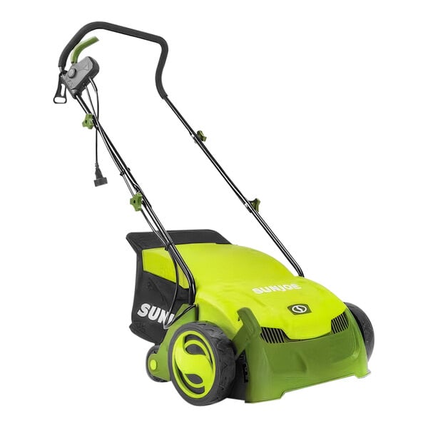 A green and yellow Sun Joe electric lawn scarifier and dethatcher with black wheels and handles.