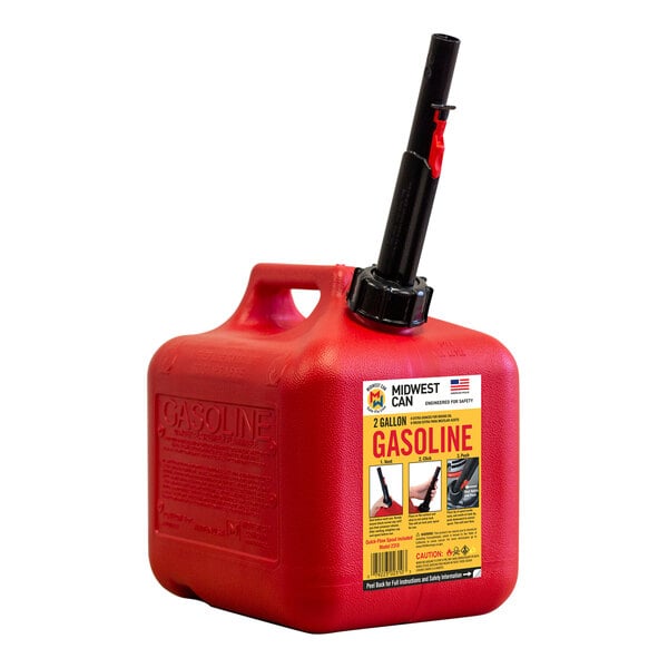 A red plastic gas can with a black handle.