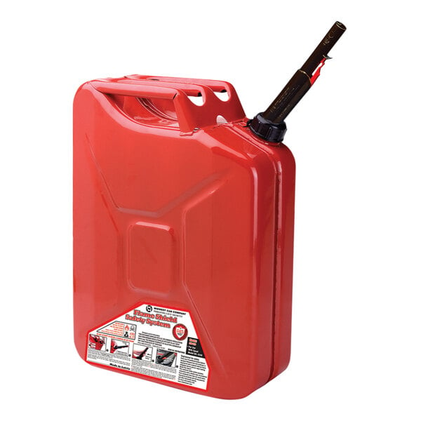 A red Midwest Can gas jerry safety can with a black handle.