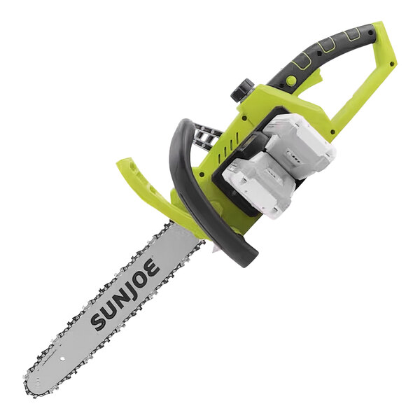 A green and white Sun Joe cordless chainsaw on a white background.