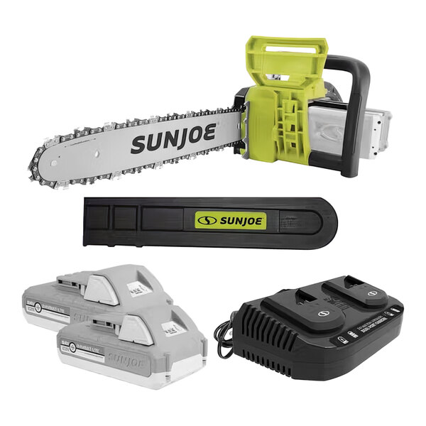 A Sun Joe cordless chainsaw with two batteries and a charger.