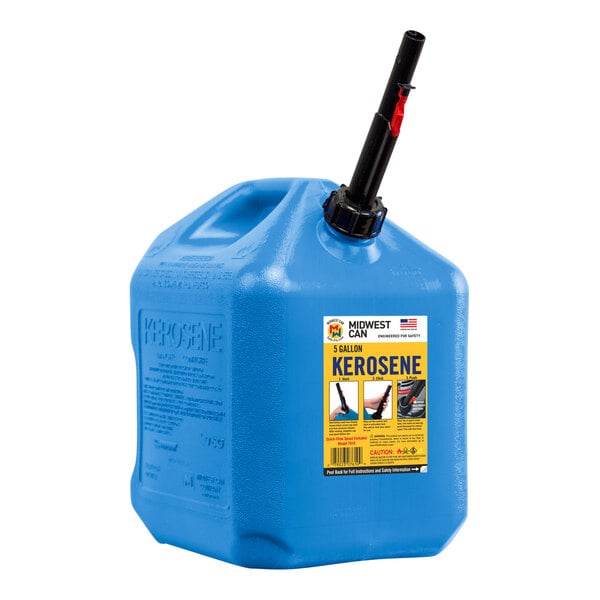 A blue plastic Midwest Can kerosene safety can with a black handle and spout.