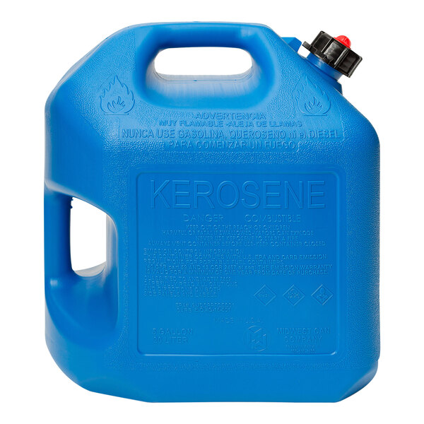 A blue Midwest Can kerosene safety can with black cap and Quick-Flow spout.