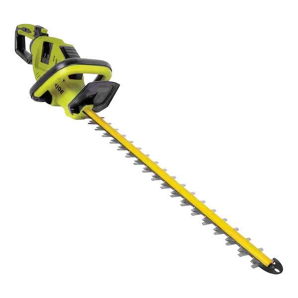 A green and black Sun Joe cordless hedge trimmer.