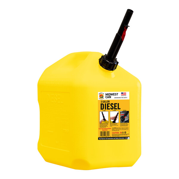 A yellow plastic Midwest Can safety can with a black handle and spout.