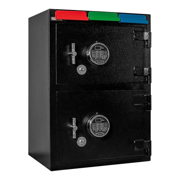 A black Cennox drop drawer safe with double doors and two locks.