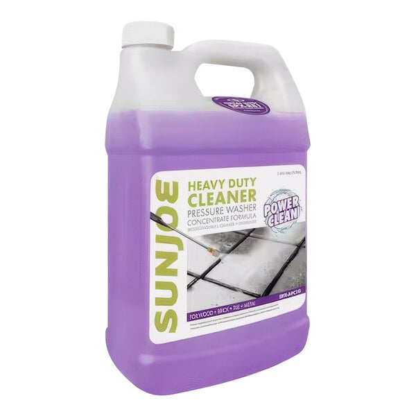 A purple plastic container of Sun Joe heavy-duty pressure washer cleaner with a white label.