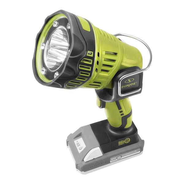 A green and black Sun Joe handheld flashlight on a stand.