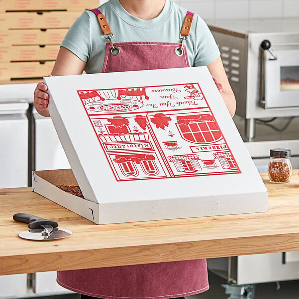 A woman holding a white Choice pizza box.