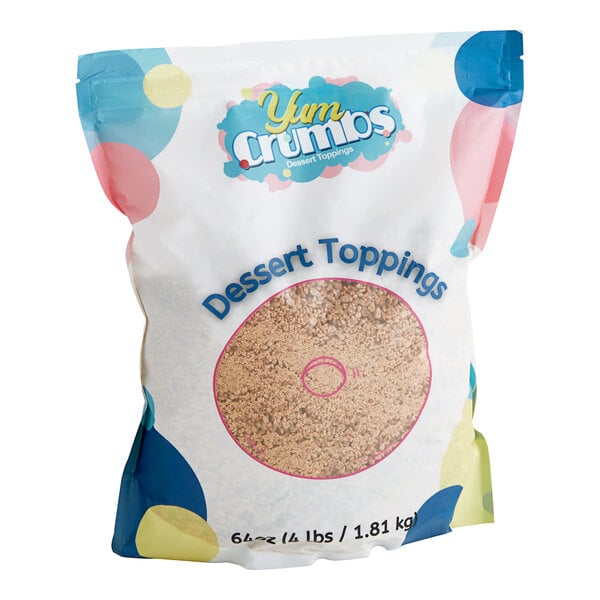 A 4 lb. bag of Yum Crumbs Cinnamon Roll crumb topping with a label.