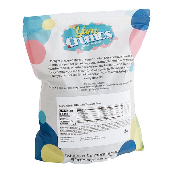 A bag of Yum Crumbs Cinnamon Roll crumb topping with a label and colorful dots.