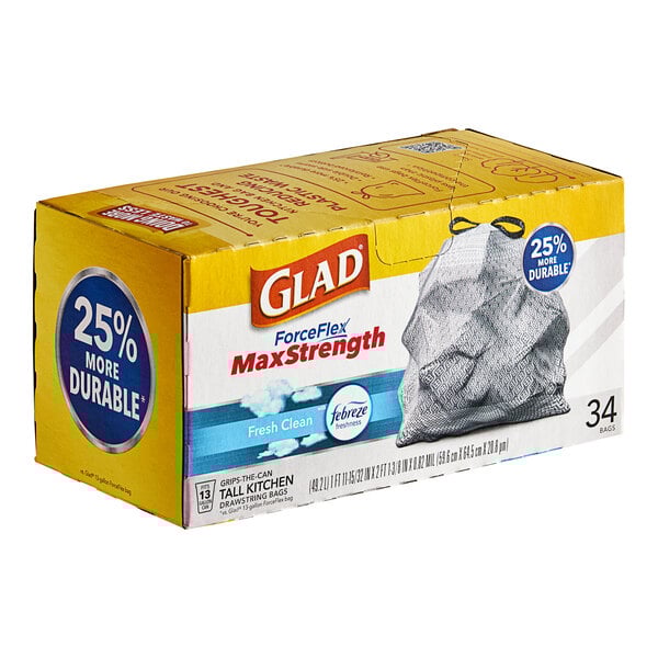 A yellow box of Glad ForceFlex MaxStrength Febreze Fresh Clean Scented Tall White Drawstring Can Liners.