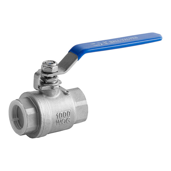 A close-up of a ServIt stainless steel ball valve with a blue handle.