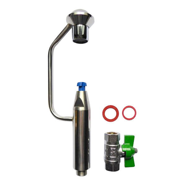 A stainless steel Dipwell Eco-Rinse faucet with a green valve wheel.