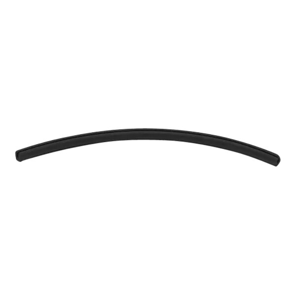 A black curved object on a white background.