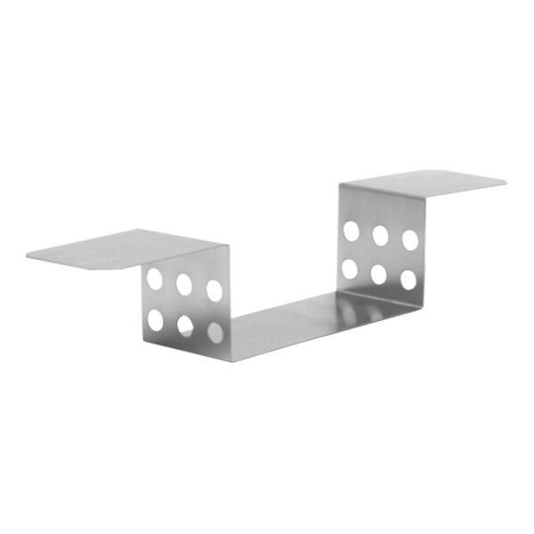 A pair of stainless steel brackets with holes.