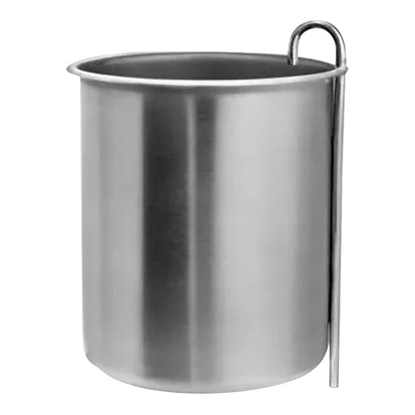 A silver metal container with a metal handle.