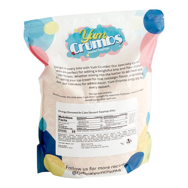 A Yum Crumbs bag of Orange Creamsicle crumb topping with a label.