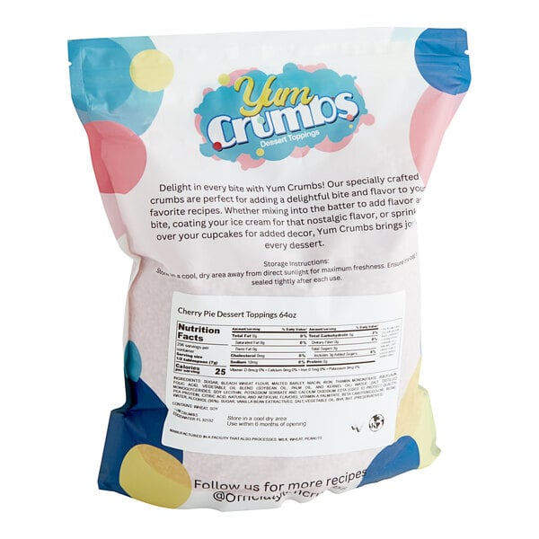 A white bag of Yum Crumbs Cherry Pie Crumb Topping with a label.