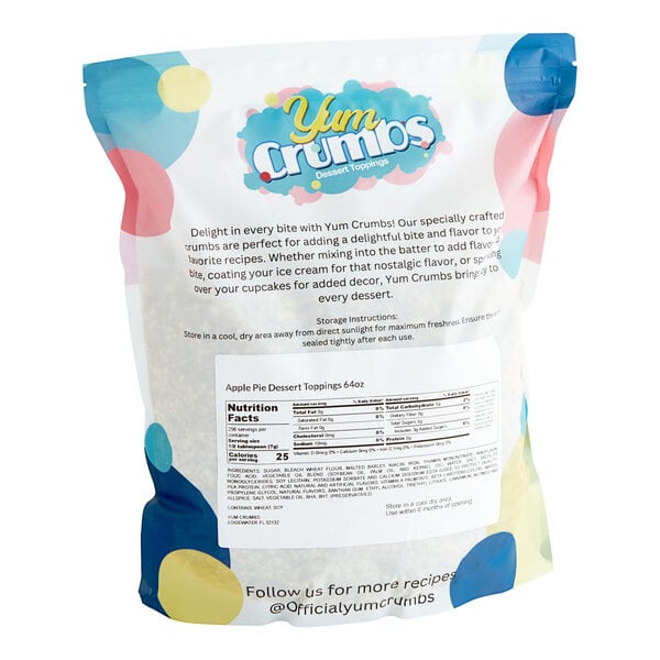 A white bag of Yum Crumbs Apple Pie Crumb Topping with a colorful label.
