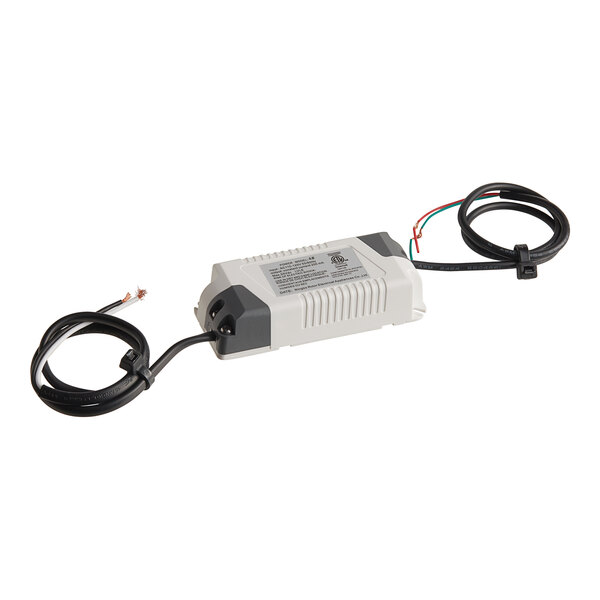 A white Avantco LED driver with black wires.