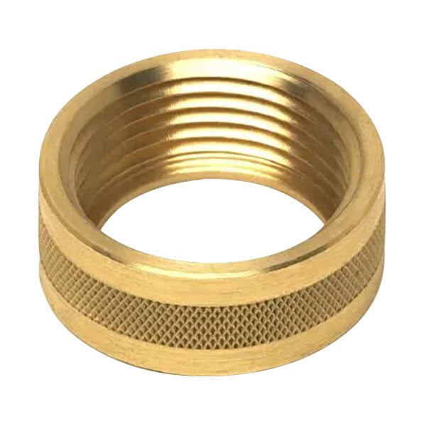 A gold brass coupling nut with a hole.