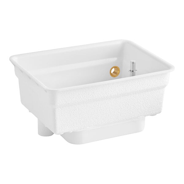 A white plastic water pan with a hole.