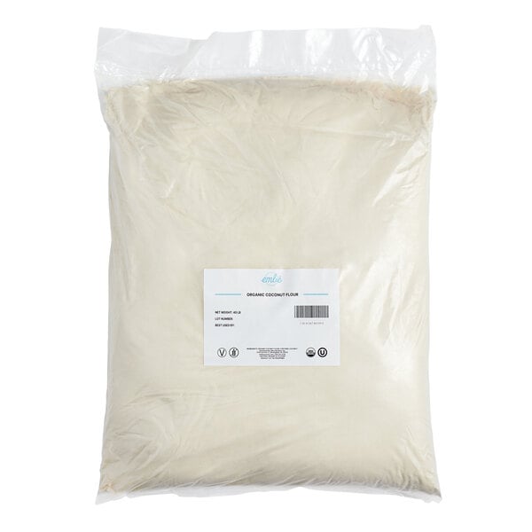 A white bag of Embe Organic Coconut Flour.