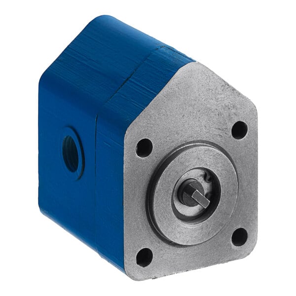 A blue and silver Fryclone hydraulic gear pump cylinder with a screw.