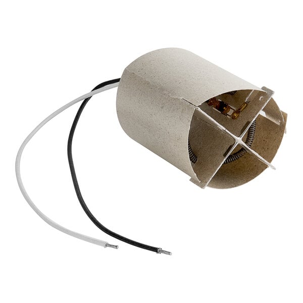 A close-up of a cylindrical white heating element with a wire attached to it.