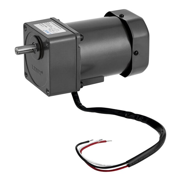 A black Noble Products drive motor with wires and a wire harness.