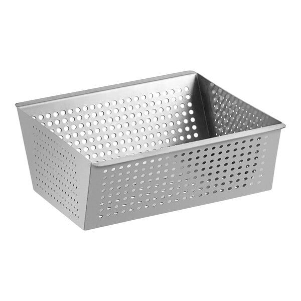 A silver metal strainer basket with holes.