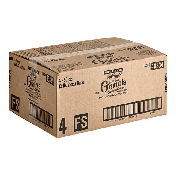 A case of 4 Kellogg's Crunchy Clusters Granola boxes with black text and a barcode.