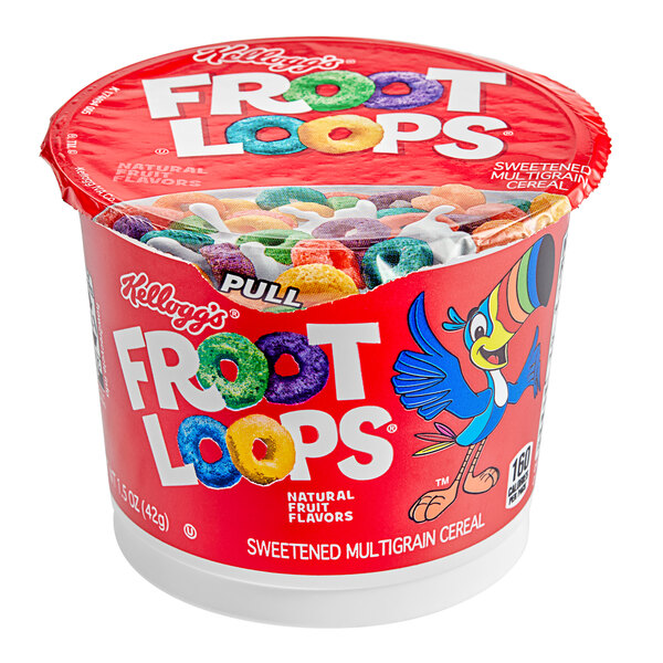 A tub of Kellogg's Froot Loops cereal with a red lid.