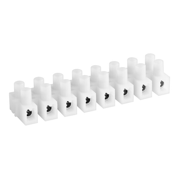 A close-up of a row of white plastic connectors on a white object.