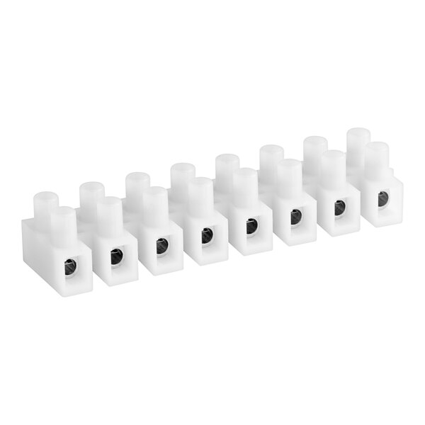 A close-up of a row of white plastic connectors on a white background.