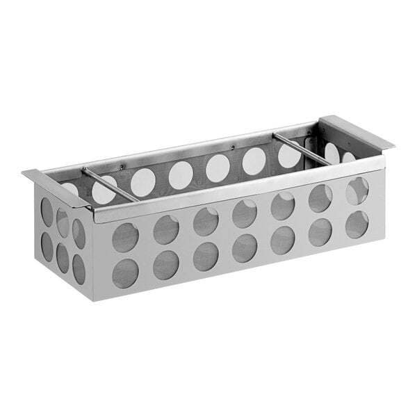 A silver stainless steel Fryclone coarse strainer container with holes.