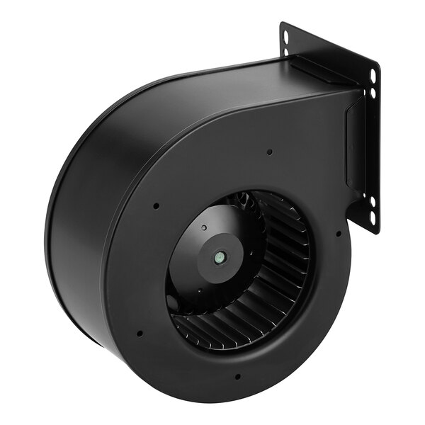 A black metal fan for a glass washer with a round vent.