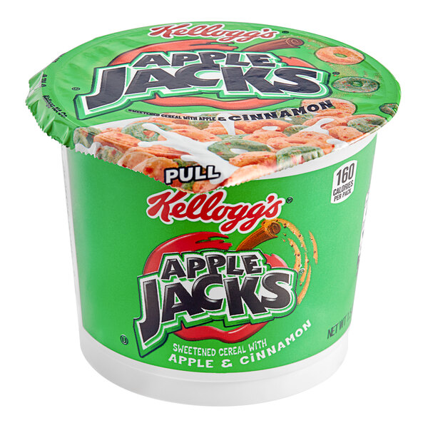 A green and white Kellogg's Apple Jacks single-serve cup with a green lid.
