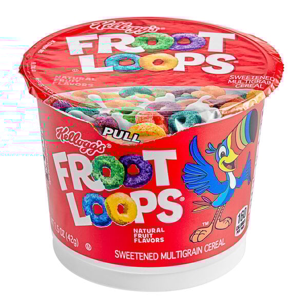 A tub of Kellogg's Froot Loops cereal with a red lid.