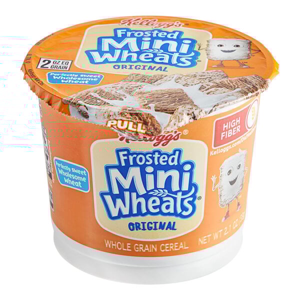 A package of Kellogg's Frosted Mini-Wheats Bite Size Cereal single-serve cups.