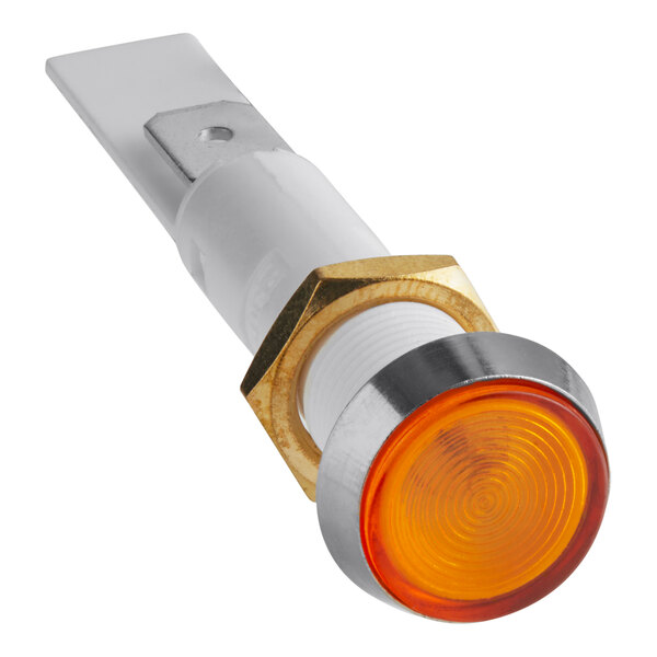 A close up of a yellow and orange indicator light on a white background.