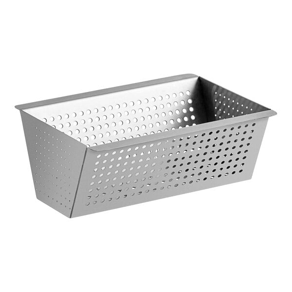 A silver metal Fryclone strainer basket with holes.